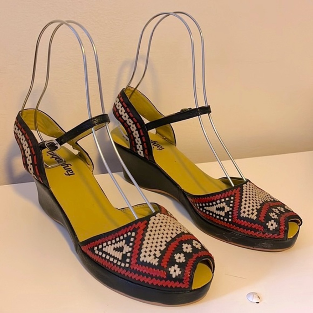 COPY - Faryl Robin Leather Woven Black Wedge Summer Sandals, size 8.5